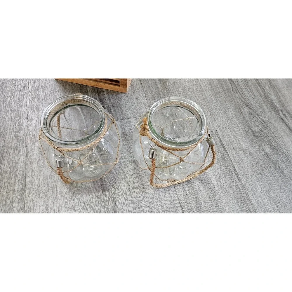 Set of 2 Nautical Glass Lanterns with Jute Rope Netting and Handles Clear Ribbed
